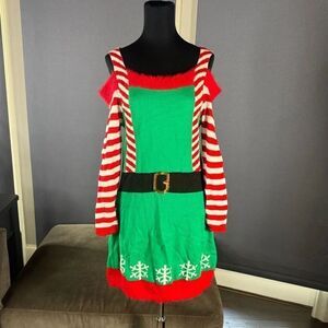 Women’s Spadehill Christmas Festive Elf Costume Sweater Dress Green Red Size S